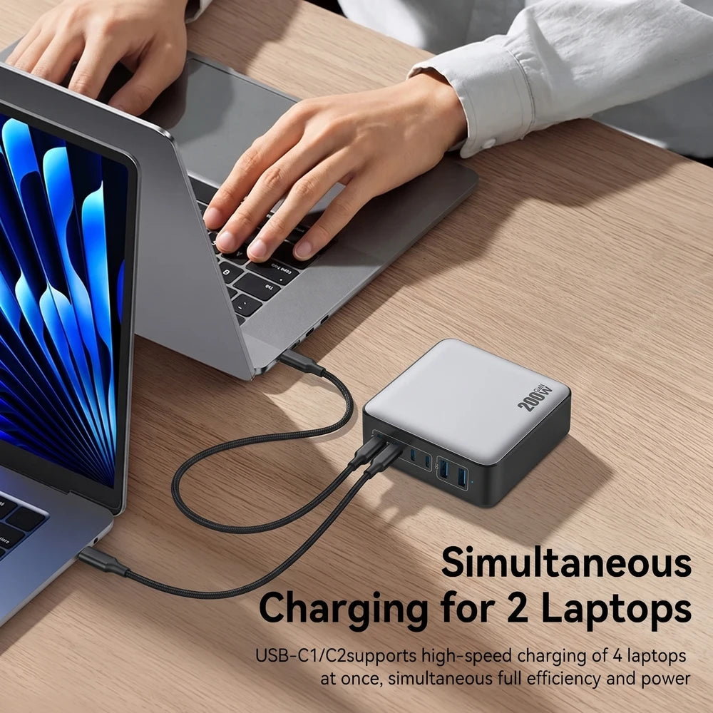 200W GaN Charger PD Fast Charging USB Type C Charger 200W 6 in 1 USBC Power Station For iPhone 16 15 Pro Max Xiaomi 14