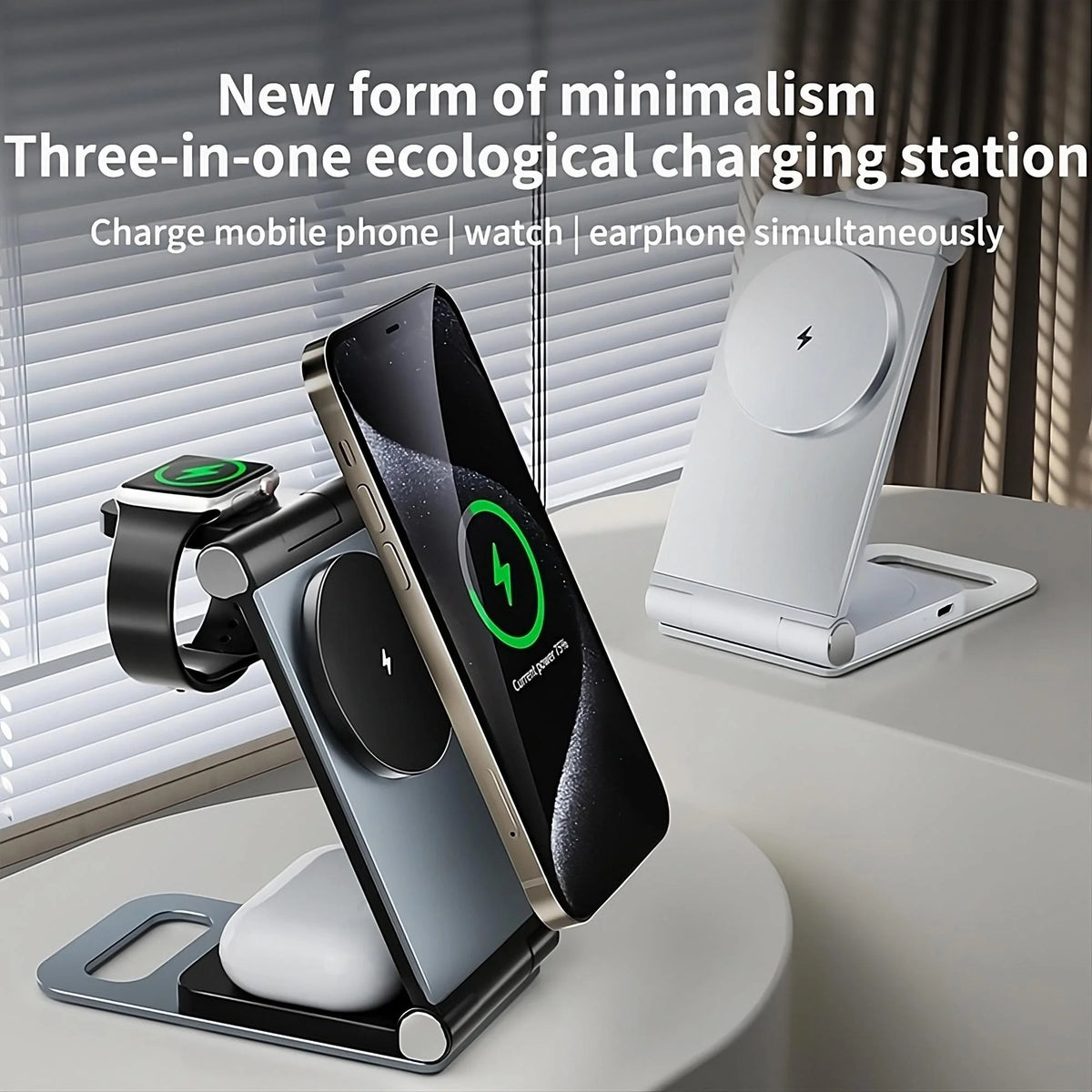 Magnetic Wireless Charging Station 3 in 1 Foldable - 15W Fast Charger Compatible with iPhone, Samsung, AirPods Pro, Aluminum Alloy Stand, Space-Saving for Home Office Travel Bedside Nightstand Desk, Easy to Carry