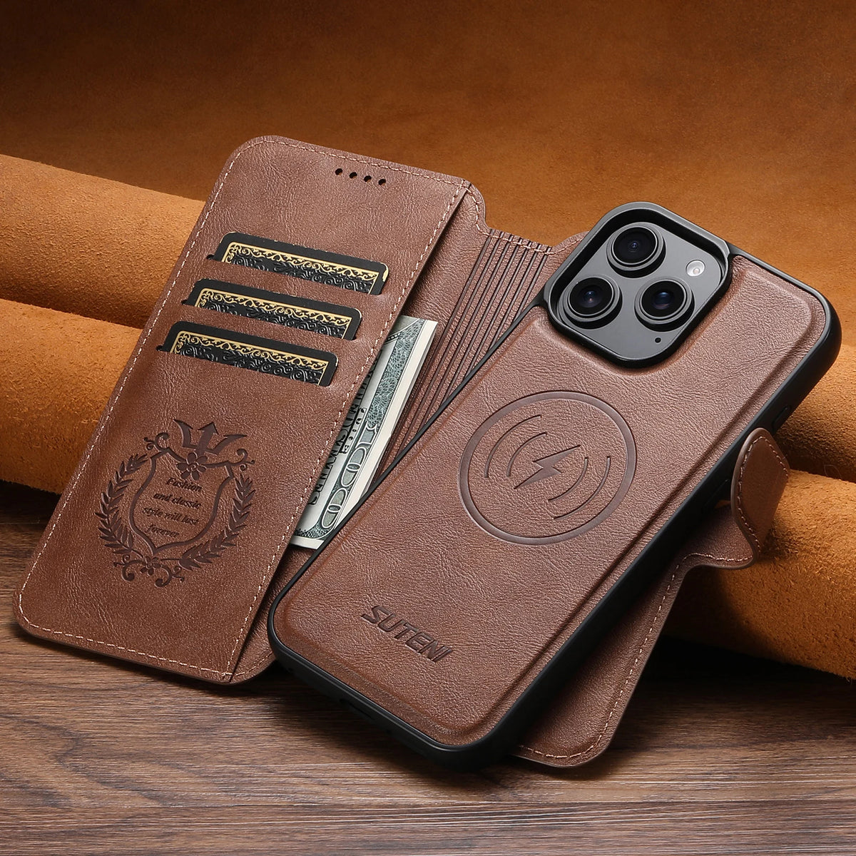 SUTENI Faux Leather Wireless Charging Card Holder Stand Wallet Magnetic Flip Cover Phone Case For iPhone 18 Pro Max 17 16 Plus