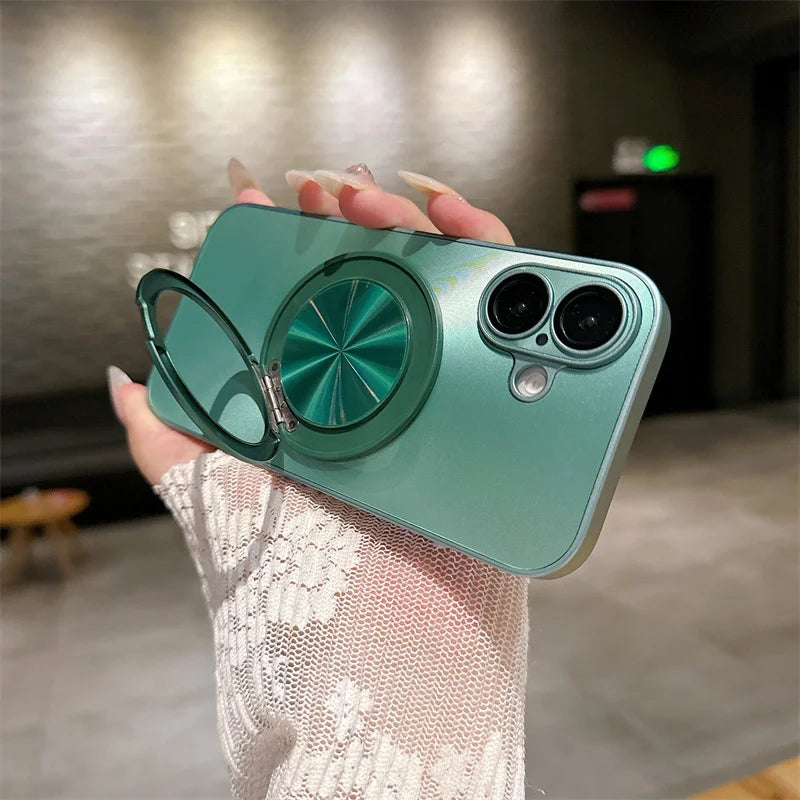 360 degree Rotatable Magsafe Ring Holder Case For iPhone 16 Pro Max 16 Plus 15 Pro 14 13 12 11 Frosted Plating Lens Film Cases