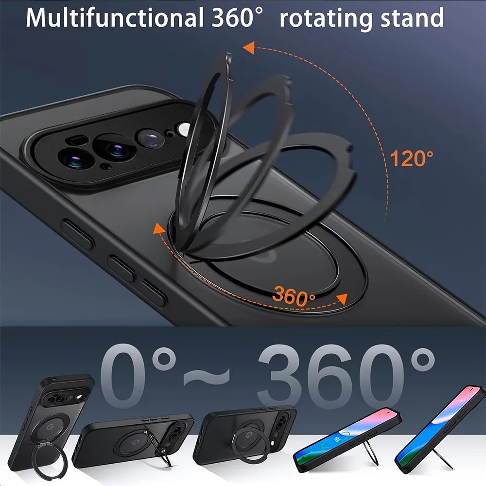 Matte&Clear Magnetic 360° Rotation Stand Case For Google Pixel 11 10 9 Pro XL 8 7 6 Pro 10a 9a 8a 7a 6a Metal Ring Holder Cover