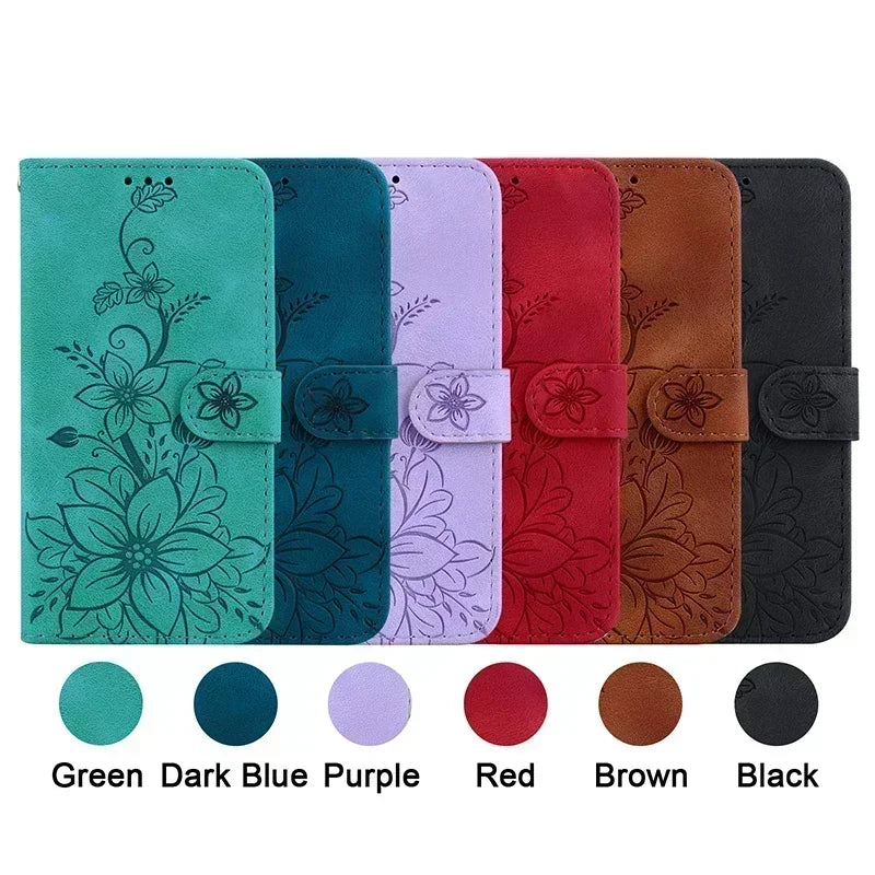 Magnetic Leather Phone Case For Google Pixel 10A 5 6A 8 9A 7 7A Pro Pixel 9 10 Pro XL Embossed Lilies Flip Cover Wallet Case