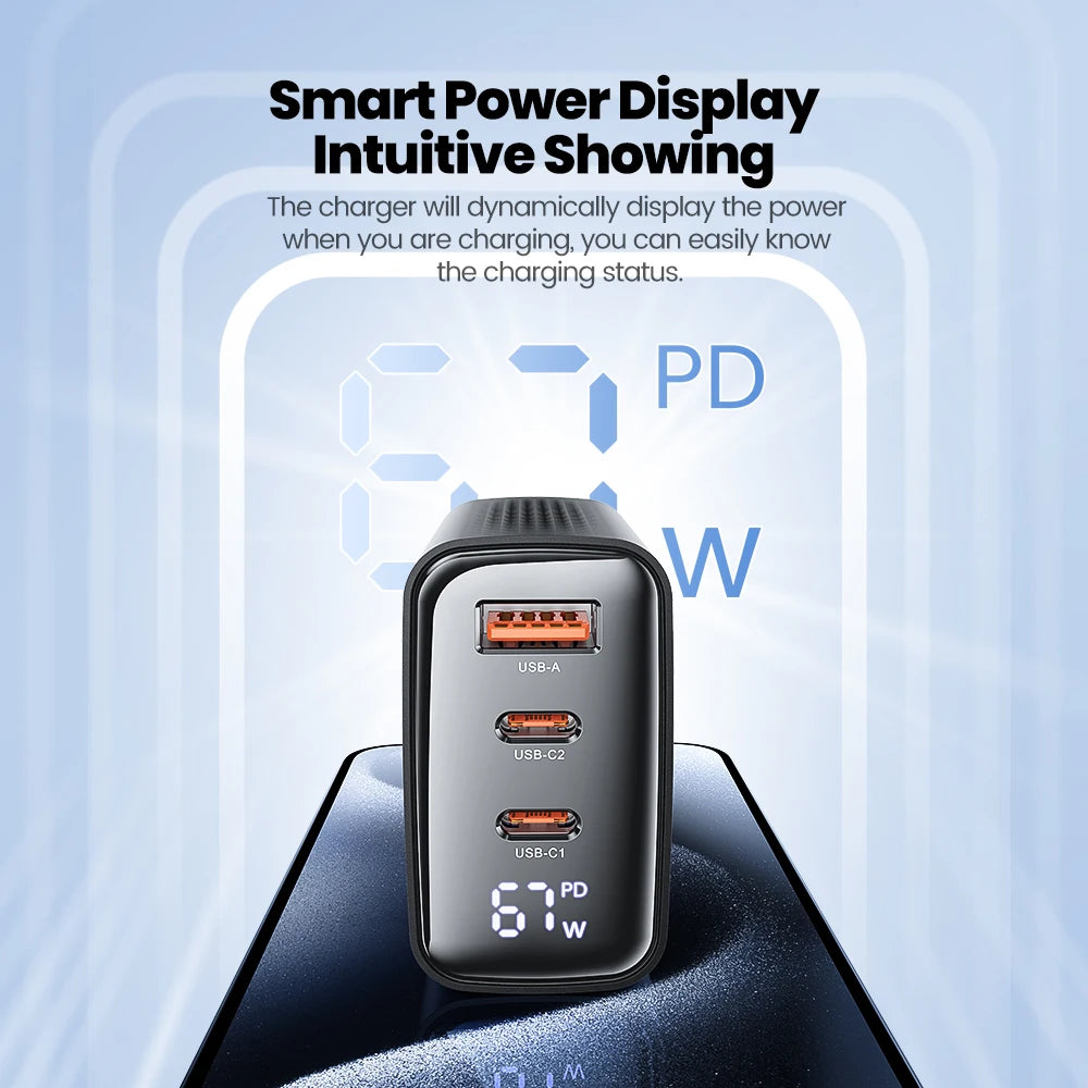 Toocki GaN USB C Charger 33W/67W Digital Display PD QC Fast Charging 40W Type C Phone Charger for iPhone 17 16 15 Samsung Xiaomi