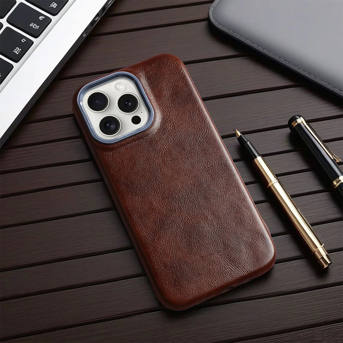 Luxury Classic Retro Textured Metal Frame All Inclusive PU Leather Case For iPhone 15 Pro Max 16 14 Plus 13 12 11