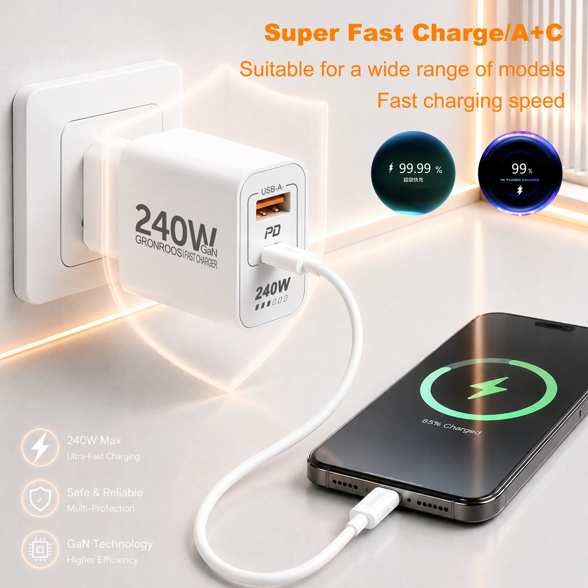 240W GaN PD USB C Charger For iPhone 17 16 15 14 13 12 Pro Max Phone QC 3.0 PD 3.0 USB Type C Fast Charging for Xiaomi poco iPad