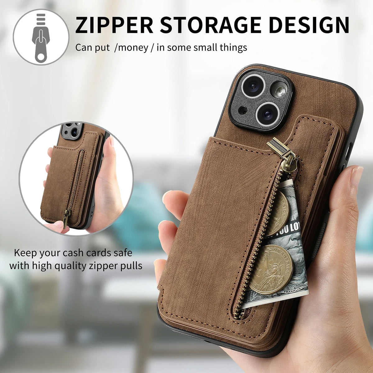 Zipper Card Solt Wallet Leather Case For iPhone 16 Pro Max 17 Air 15 14 Plus 13 12 11 Se2022 Pocket Magnetic Double Buckle Cover