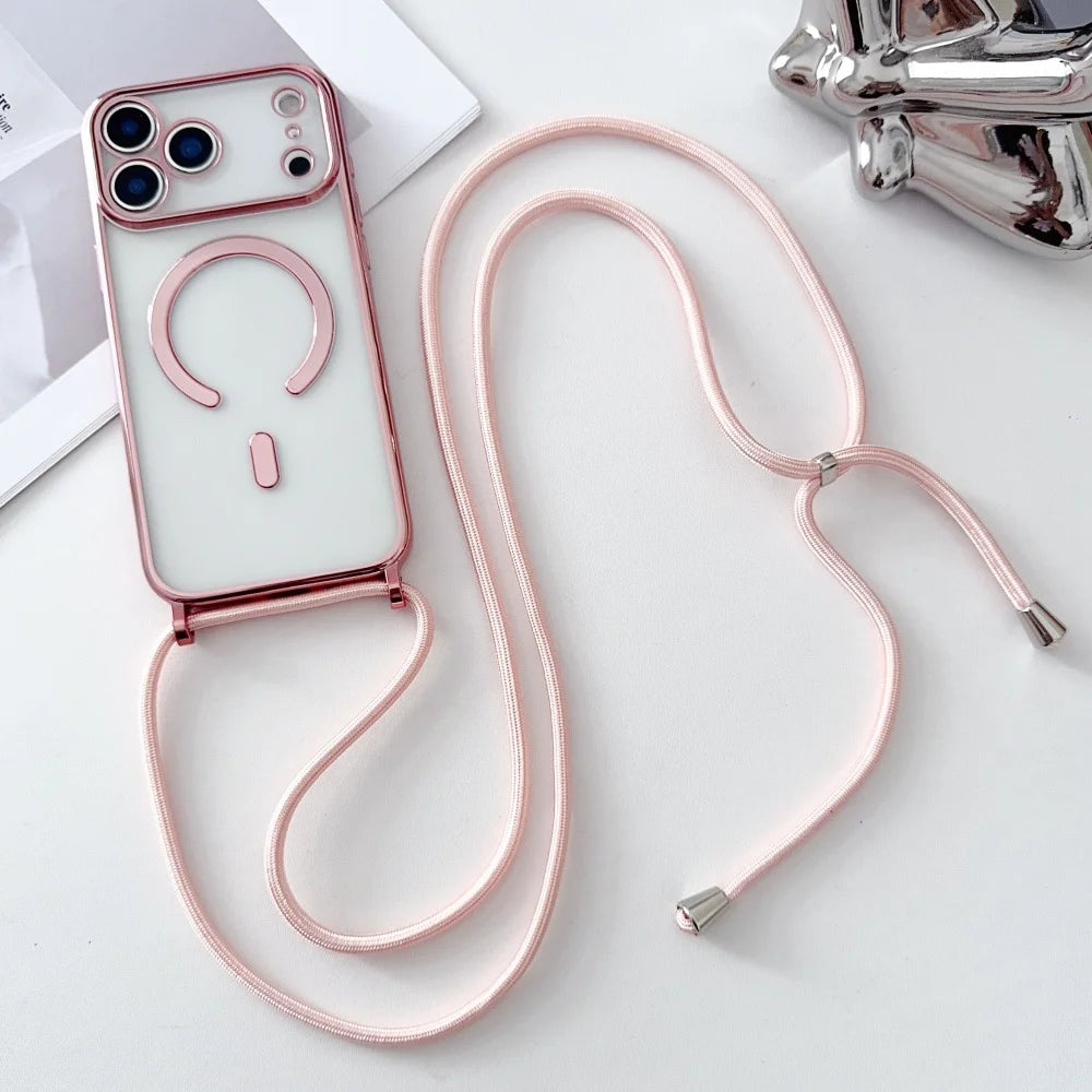 Luxury Necklace Cord Rope Lanyard Plating Magnetic Clear Phone Case For Iphone 17 16 14 11 12 13 15 Pro Max For Magsafe Cover