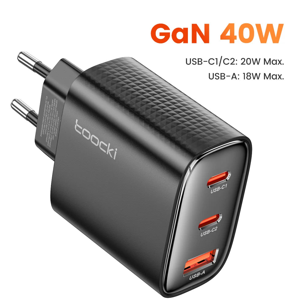 Toocki 40W Charger GaN PD 20W Fast Charging USB Type C Chager for iPhone 15 14 13 12 Pro Max iPad Samsung S24 S23 Xiaomi POCO
