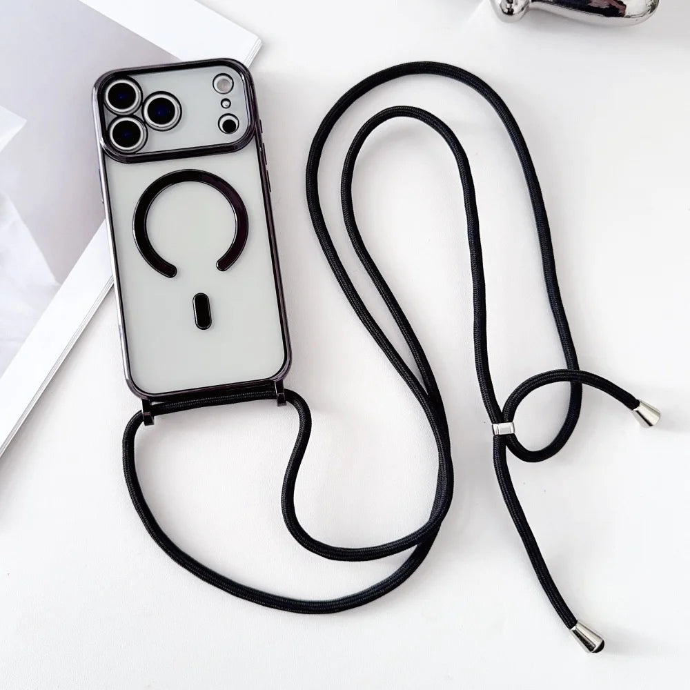 Luxury Necklace Cord Rope Lanyard Plating Magnetic Clear Phone Case For Iphone 17 16 14 11 12 13 15 Pro Max For Magsafe Cover