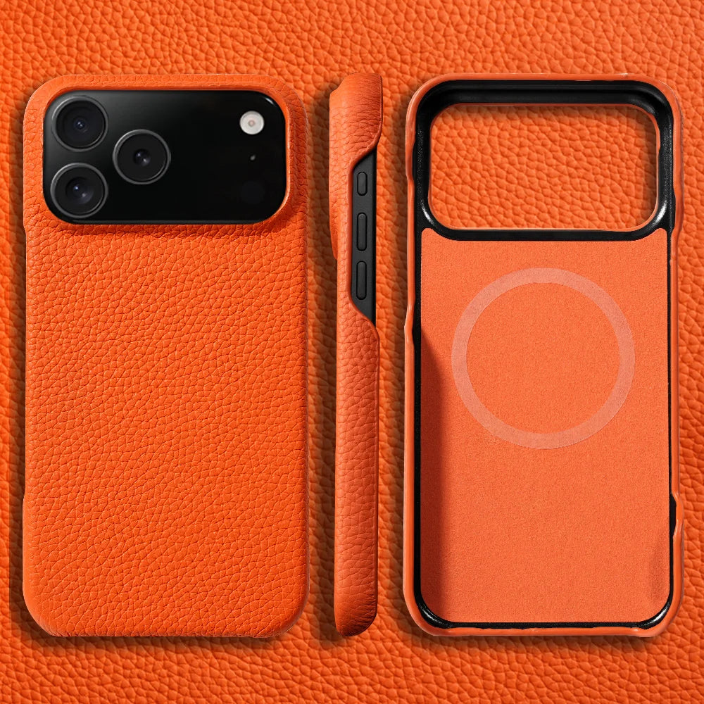 for Magsafe Case for iPhone 17 15 16 18 Pro Max Air Lychee Natural Cowhide Leather Magnetic Protector Luxury Phone Back Cover