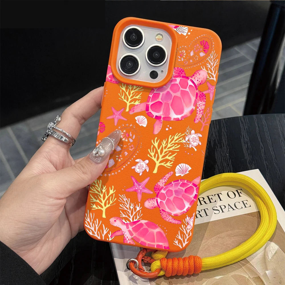 Wrist Strap Case For iPhone 18 13 14 Pro Max Cases iPhone 11 12 17 ProMax 13 15 Plus Coastal Sea Turtle With Lanyard Cover