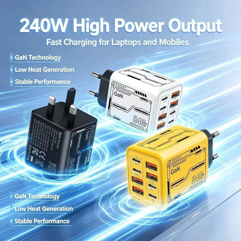 Lenovo 8‑in‑1 240W Multi-Port Charger 4USB 4Type C with PD Fast Charging Charging Station for Smartphone Universal EU US UK Plug