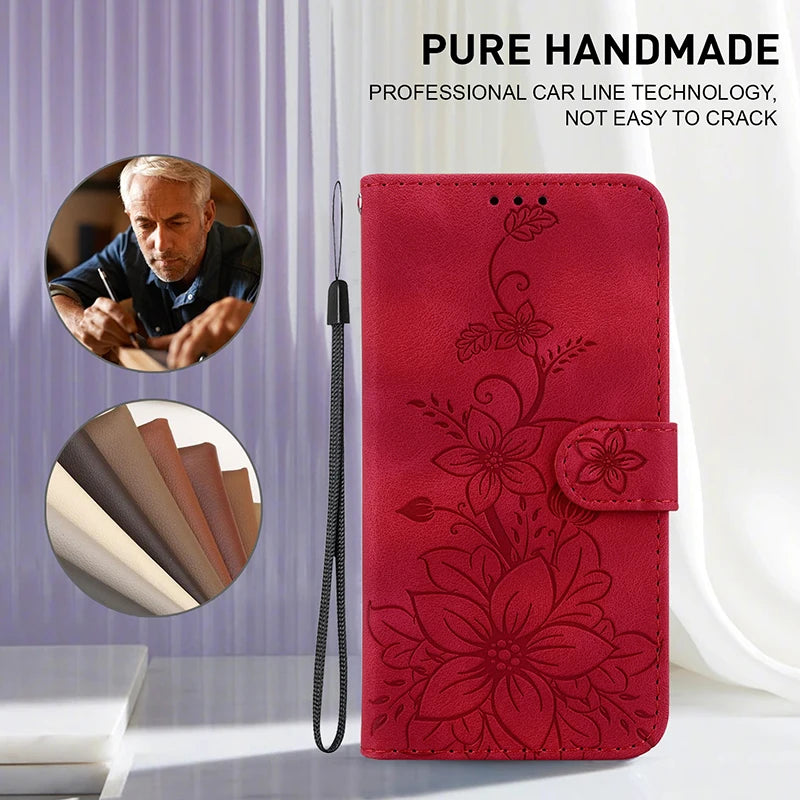 Magnetic Leather Phone Case For Google Pixel 10A 5 6A 8 9A 7 7A Pro Pixel 9 10 Pro XL Embossed Lilies Flip Cover Wallet Case