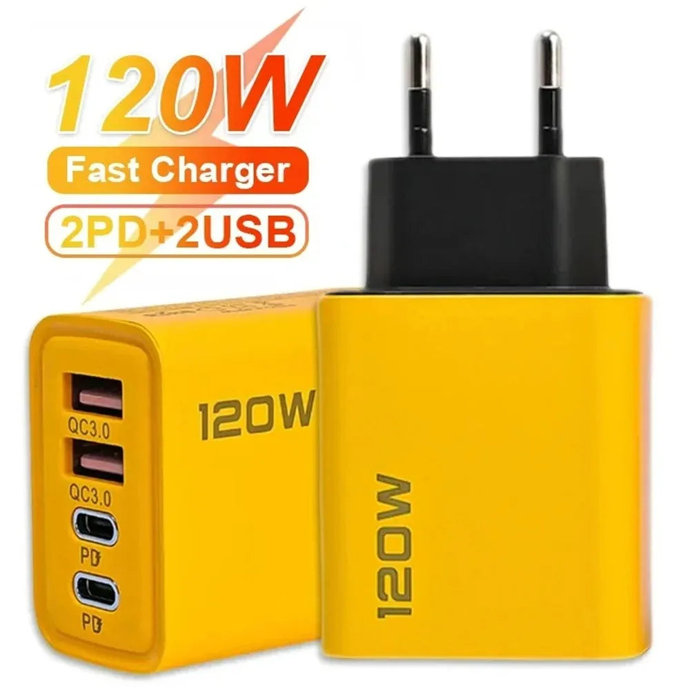 Total 120W USB Type C Charger Quick Charge Muti 4 Ports Adapter for iPhone Samsung Xiaomi 15 Mobile Phone Fast Charging Charger