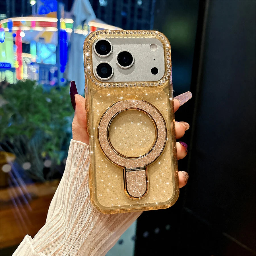 Luxury Sparkling Glitter Magnetic Ring Stand Phone Case for iPhone 18/17 Air/16/15/14/13/12 Pro Max/Pro/Plus Series, Crystal Clear Rhinestone Diamond Protective Cover with Raised Camera Lens Protection, Compatible with MagSaf
