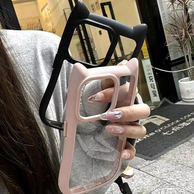 Soft Silicone Cute Cat Ear Phone Case For iPhone 16 17 13 15 14 12 11 Pro Max Air XS Max Funda Transparent Shockproof Back Cover