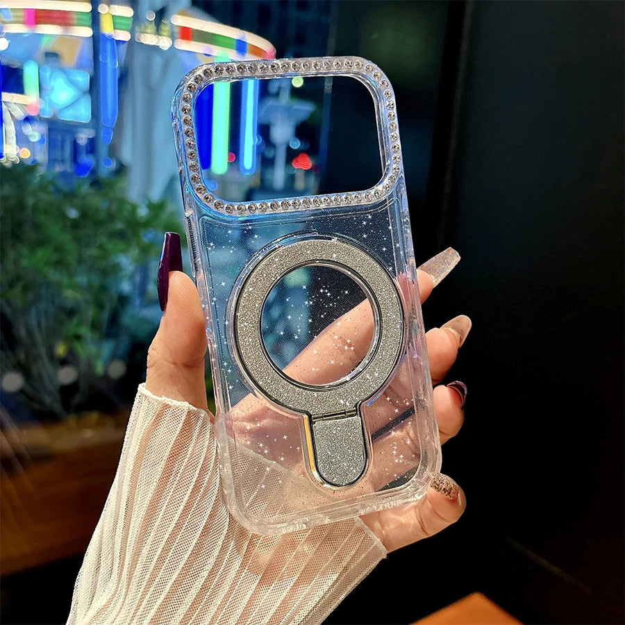 Luxury Sparkling Glitter Magnetic Ring Stand Phone Case for iPhone 18/17 Air/16/15/14/13/12 Pro Max/Pro/Plus Series, Crystal Clear Rhinestone Diamond Protective Cover with Raised Camera Lens Protection, Compatible with MagSaf