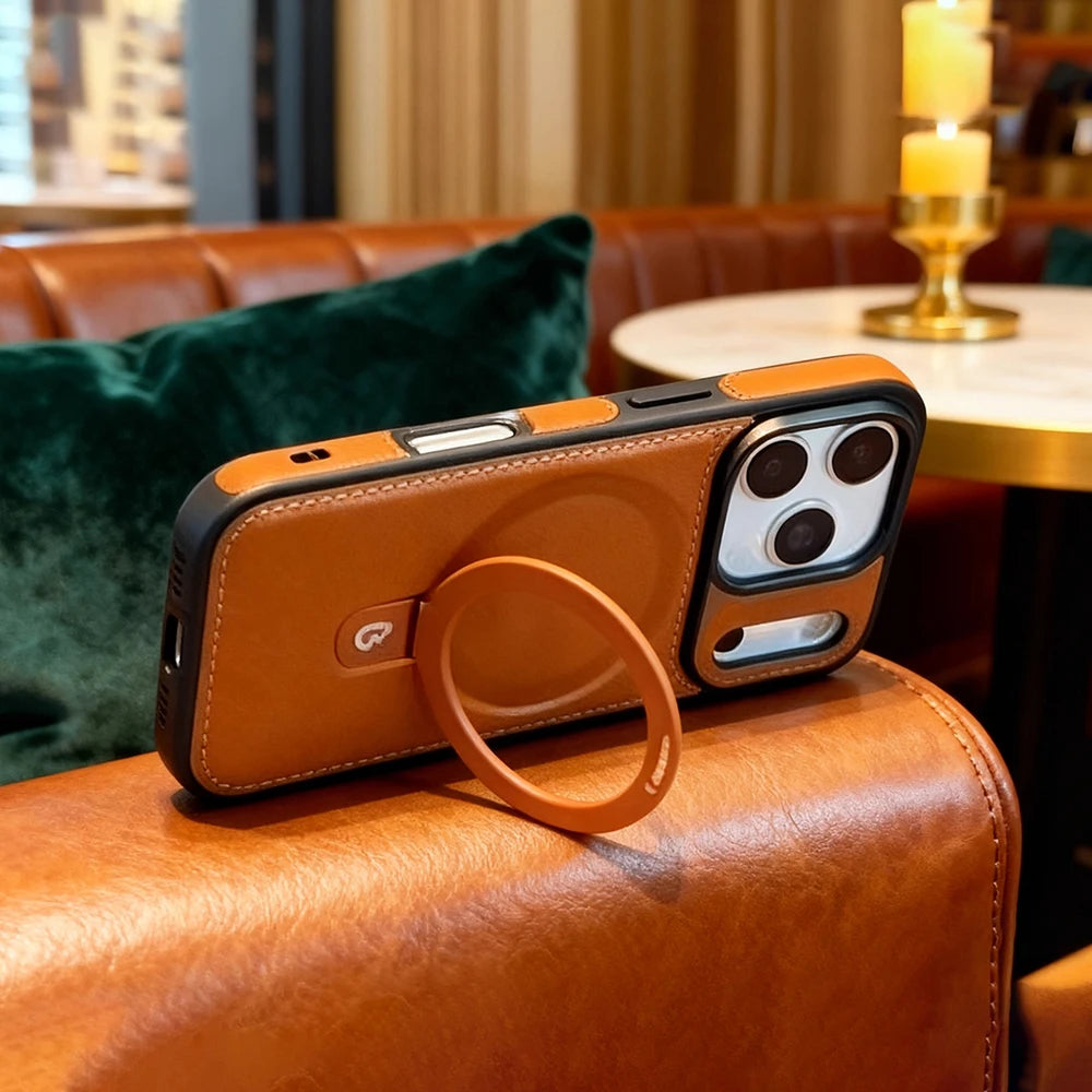 Magnetic Ring Stand PU Leather Shockproof Case For iPhone 18 17 Pro Max 16 15 14 13 12 Plus For Magsafe Wireless Charging Cover