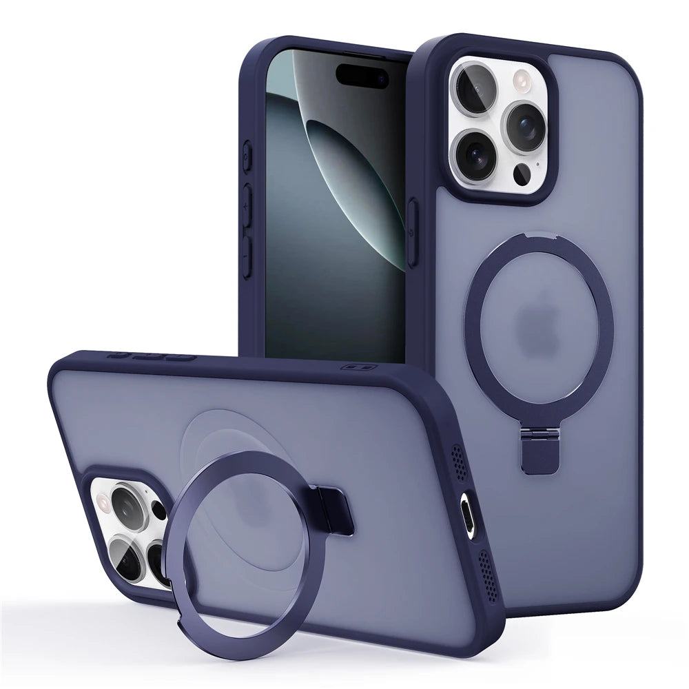 Matte Metal Ring Magnetic Phone Case for Magsafe IPhone 11 12 13 14 15 16 17 Air Pro Max Plus 17Pro KickStand Holder Cover