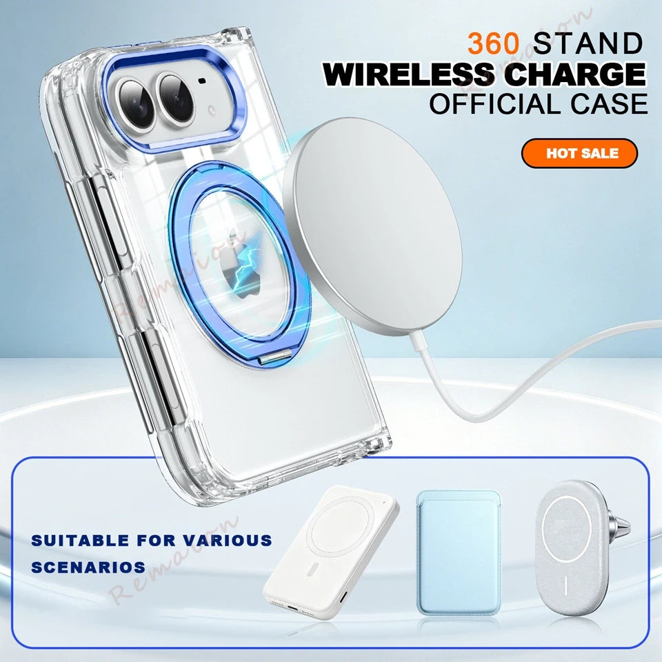 Magnetic 360 Metal Stand Phone Case For iPhone Fold 18 DUO 18Fold Magsafe Clear Hinge Protection Shockproof Protector Cover