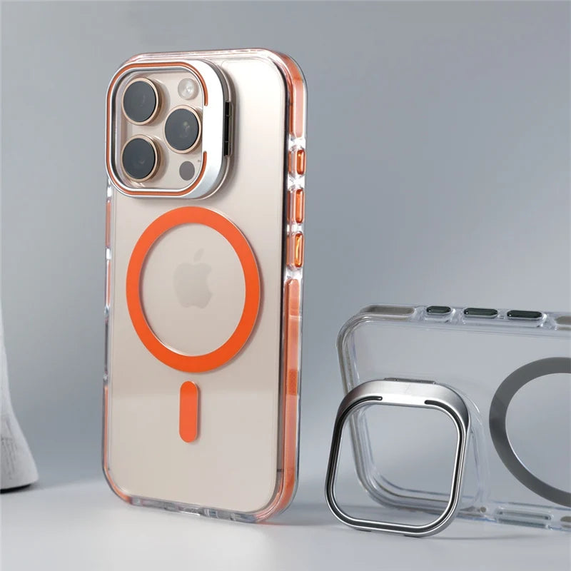 Luxury Camera Lens Holder Clear for Wireless Charge Magsafe Cases For iPhone 18Pro 17 16 15Pro Max Clear Shockproof Cover