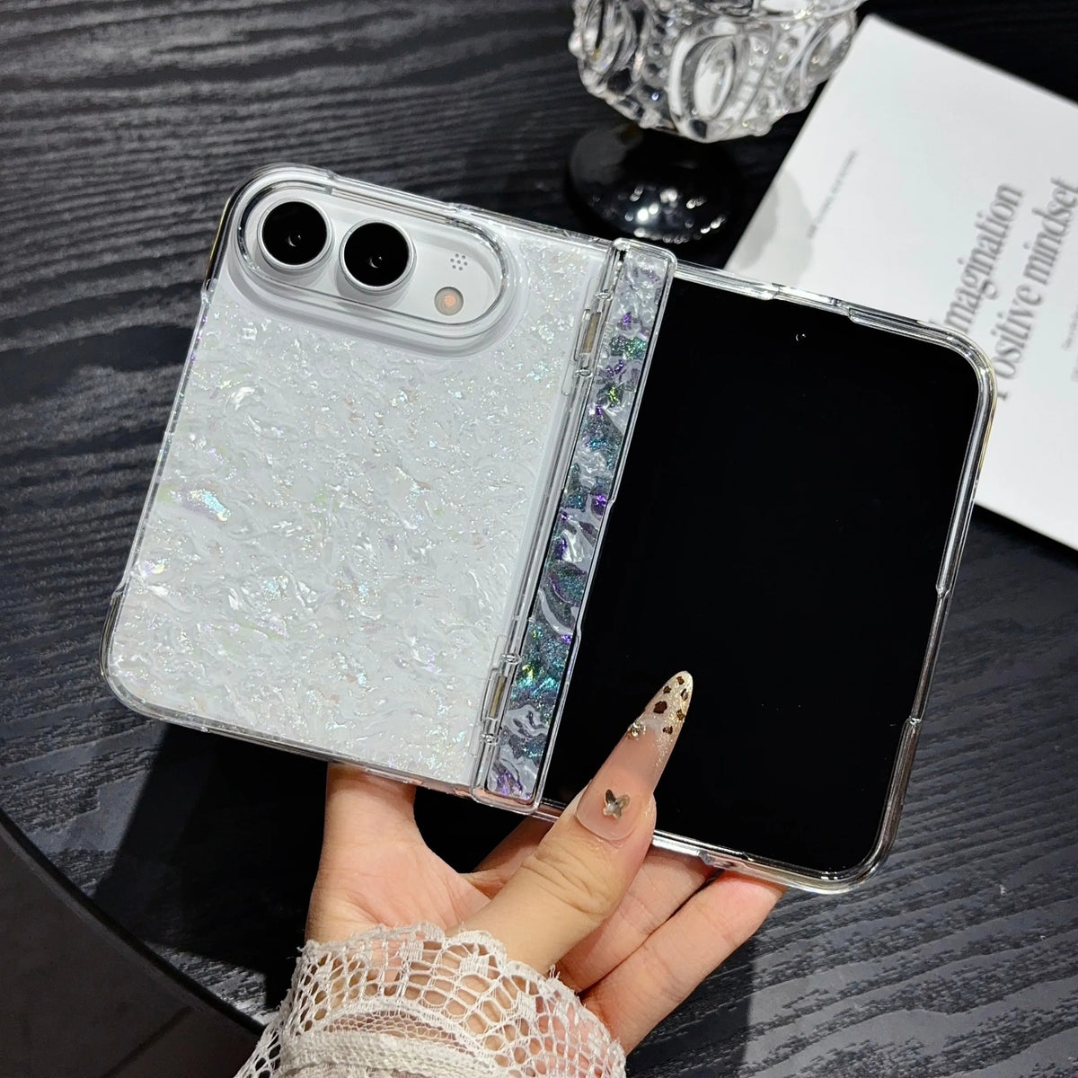 Fashion INS IMD Iridescent Shell Glitter Flip Phone Case For IPhone Duo 18 Fold Skin Feel Hinge Full-protecto Shockproof Cover