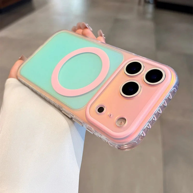 Luxury Laser Aurora Gradient For Magsafe Phone Case For iPhone 18 17 16 15 Pro Max Magnetic Wireless Charging Hard Bumper Cover