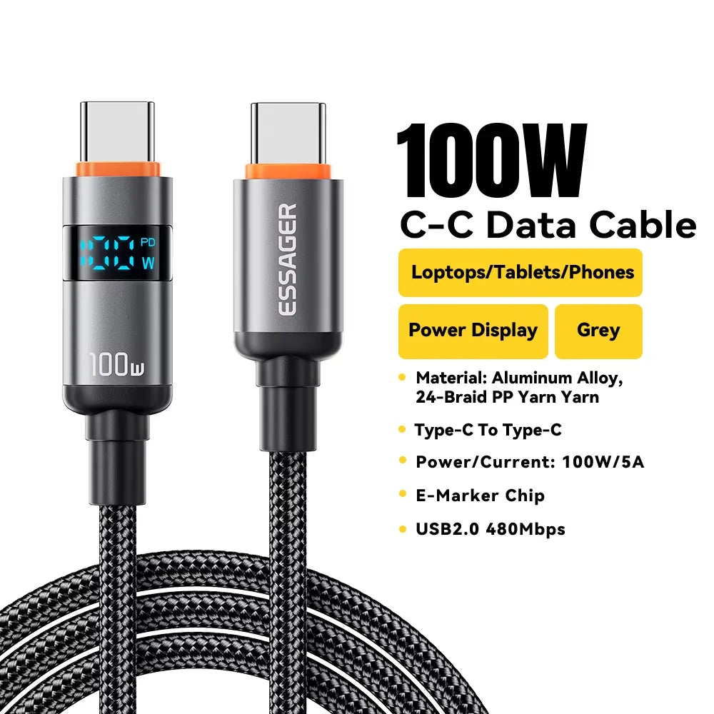 Essager 100W USB C to Type C Digital Display Cable Fast Charging 5A Type C to Type C Cable For MacBook Pro Xiaomi Huawei Samsung