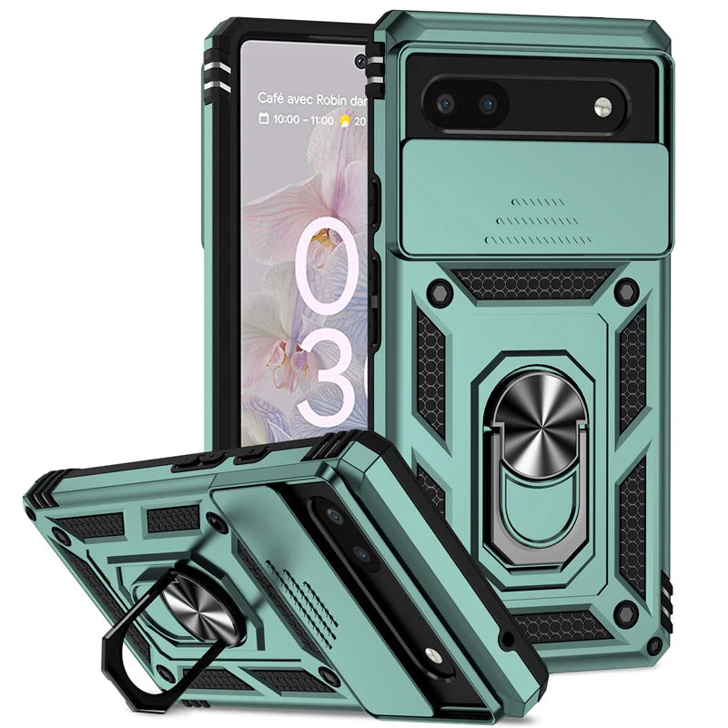 Durable Armor Slide Lens Full Protect Cover for Google Pixel 10 9 8 7 6 A Pro XL 360 Metal Magnetic Ring Holder Shockproof Case