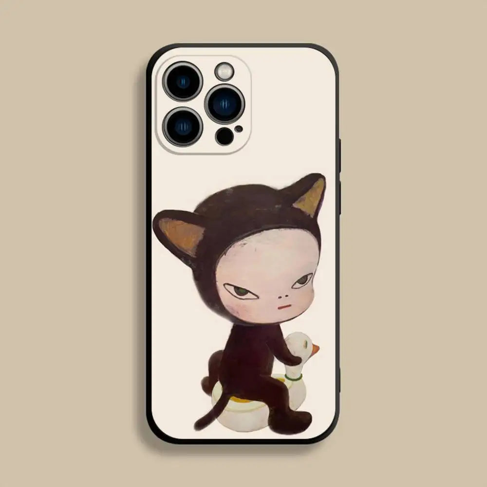 Y-Yoshitomos Art N-Nara Phone Case For iPhone 17,16,15,14,13,12,Pro,Max,Plus,E,SE4,Air,Mini Black Soft Cover