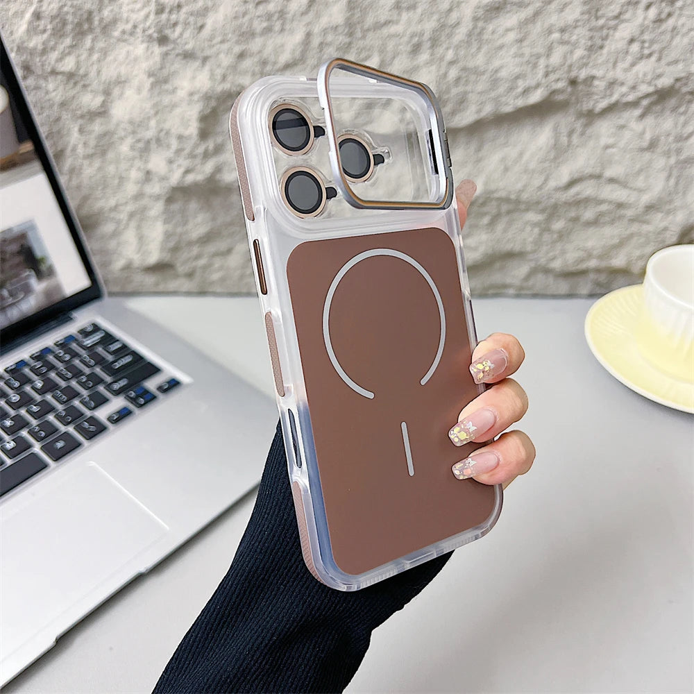 Magnetic Lens Bracket Phone Case For iPhone 17 16 15 14 13 12 11 Pro Max XR XS For Magsafe Hard Acrylic Shockproof Bumper Cover