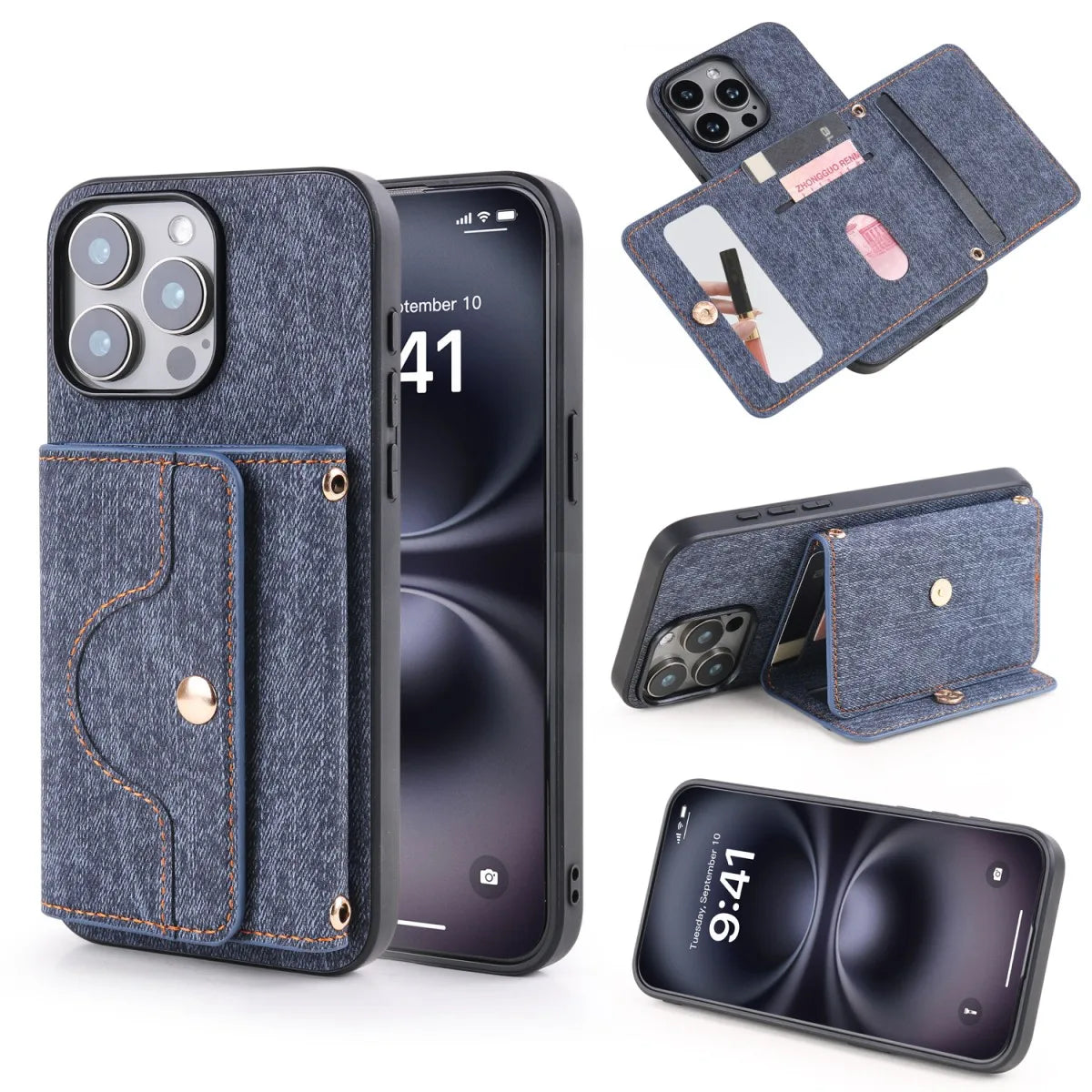 Denim Textured TPU+PU Leather Case for iPhone 12 13 14 15 11 16e Pro/Plus/ProMax Fashionable and Simple Rope Hanging Mirror Card