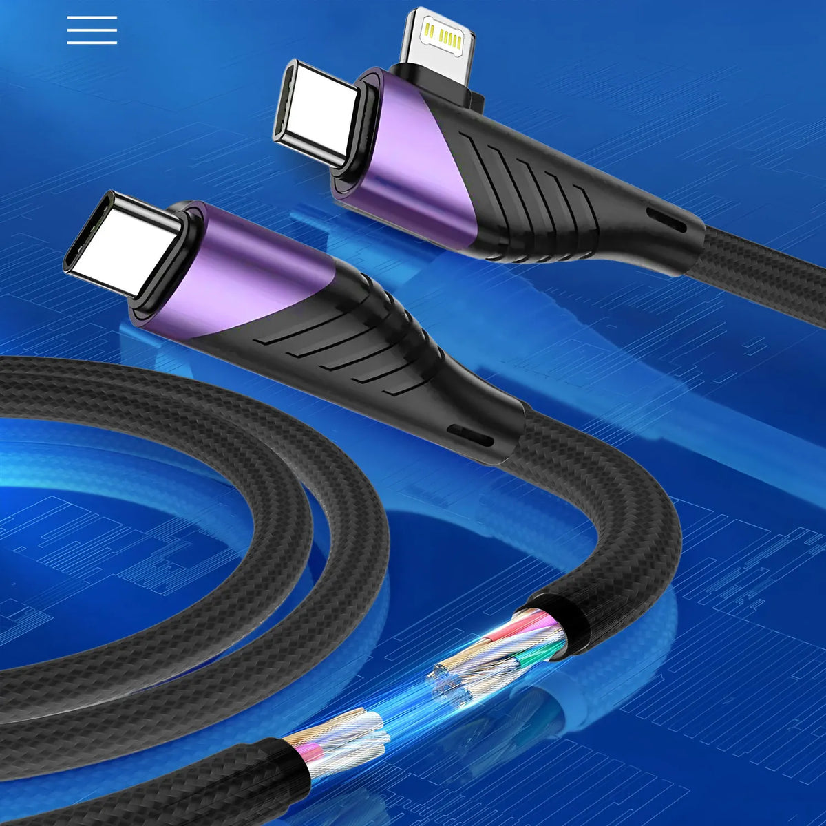 240W PD 2 in 1 Type-C Cable 90 Degree Angle Type C/Lightning Fast Charging Cable For iPhone 16 15 14Pro Max iPad Xiaomi Huawei