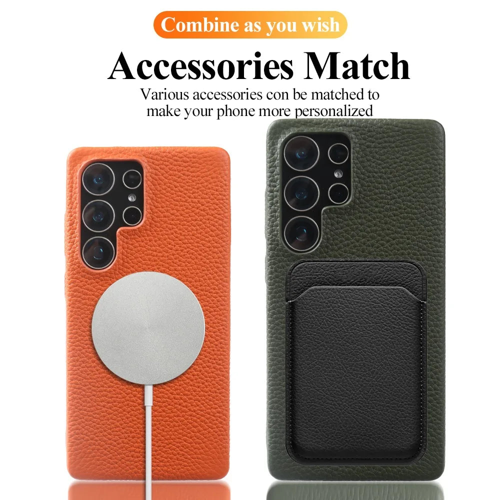 For Magsafe Case Samsung Galaxy S26 Ultra S25FE S23Plus S23Ultra S24 Premium Genuine Leather Cover Magnetic Cases Full Coverage