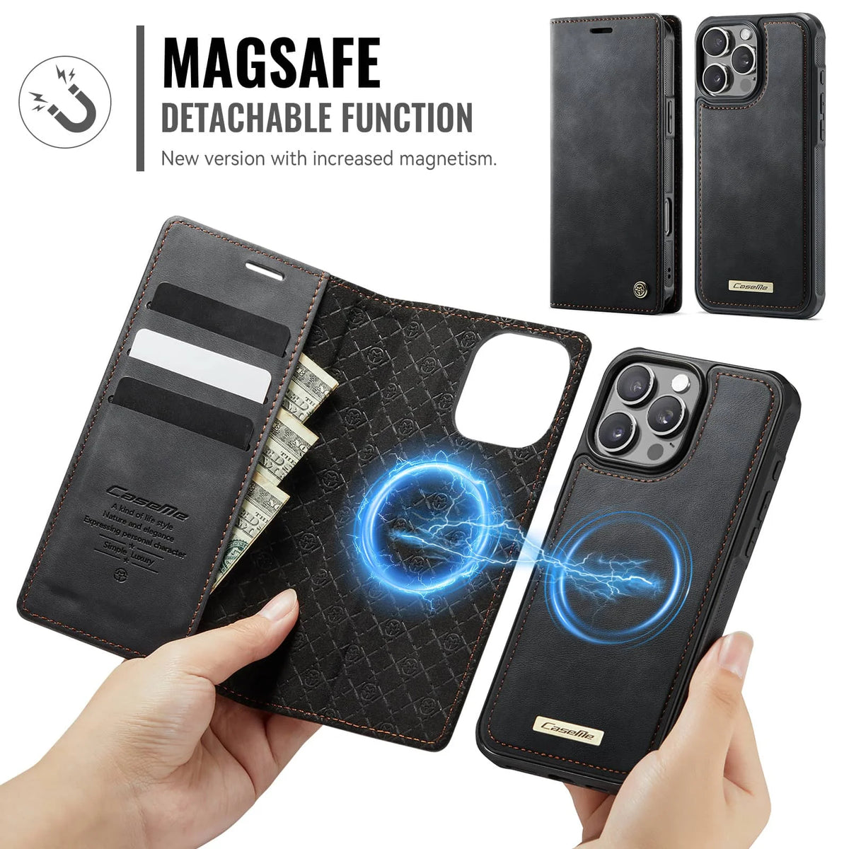 For iPhone 16e 16 15 14 13 12 11 Pro Max Detachable Wallet Case Compatible with Magsafe, 2-in-1 PU Leather Flip RFID Blocking