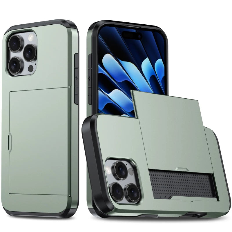 Push Pull Wallet Card Slot Solid Color Shockproof Phone Case For iPhone 16 Pro Max 14 11 12 13 15 Pro Max Mini Bumper Back Cover