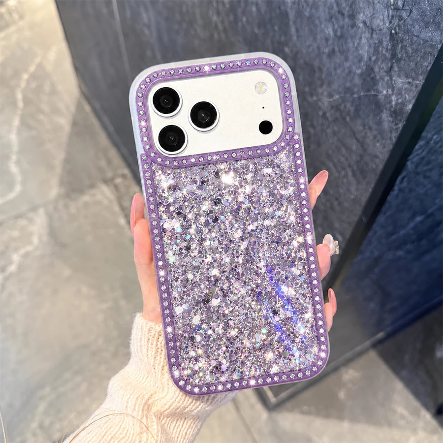 Luxury Sparkling Rhinestone Phone Case, Compatible with iPhone Air/17 Pro Max/16 Pro/15/14/13/12/11, Glitter Acrylic Back Cover, Solid Color Soft-Touch Frame, Large Camera Cutout Protective Case