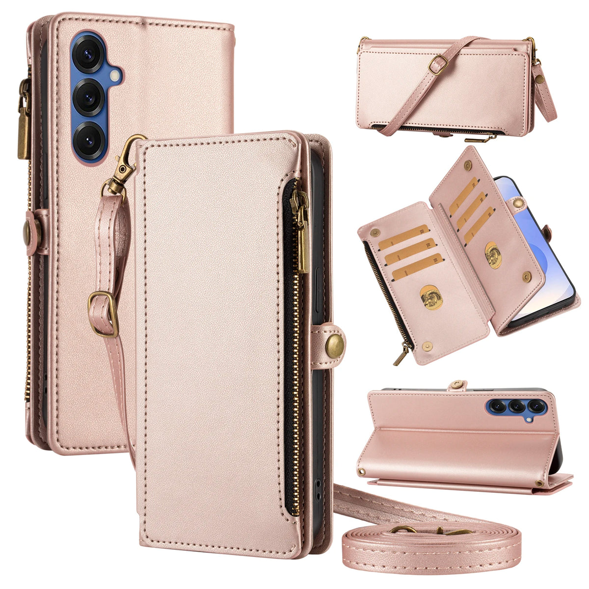 Flip Cover Protective Case for Redmi Note 8/9/10/11/12/13/14/15Pro with Multiple Card Slots, Crossbody Strap, Wallet Phone Case, Zipper Coin Pocket, Stand, Faux Leather Protective Cover