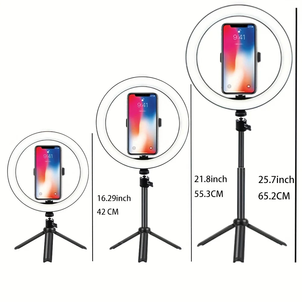 10" LED Ring Fill Light With Tripod Stand And Phone Holder Dimmable Phone Holder For Video, Photography, Selfie, Vlog, Make-up,