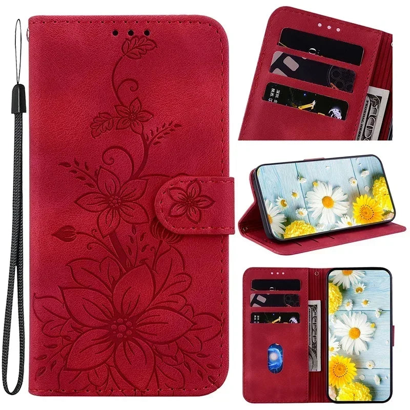 Magnetic Leather Phone Case For Google Pixel 10A 5 6A 8 9A 7 7A Pro Pixel 9 10 Pro XL Embossed Lilies Flip Cover Wallet Case