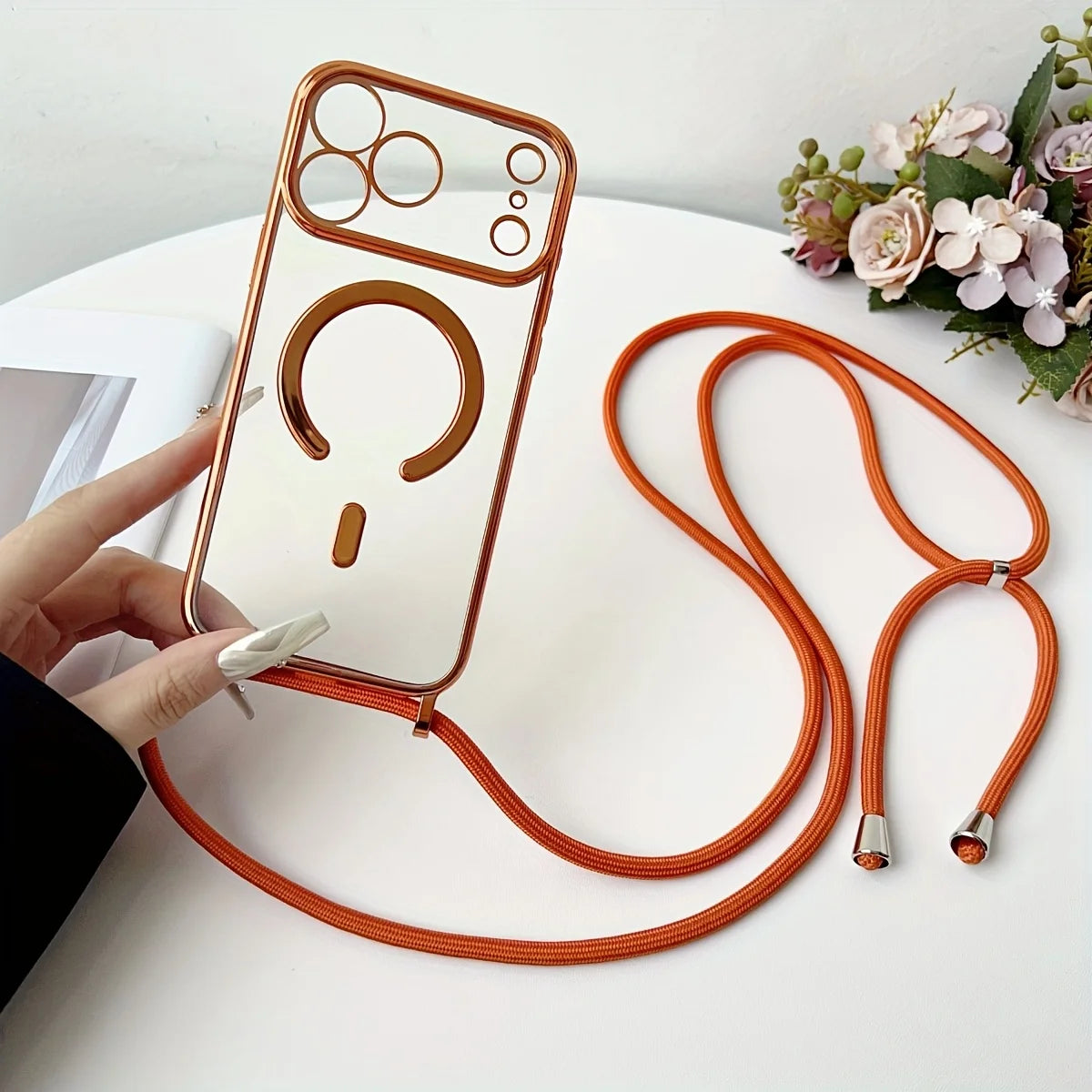 Luxury Necklace Cord Rope Lanyard Plating Magnetic Clear Phone Case For iPhone 17 16 14 12 13 15 Pro Max Air For Magsafe Cover