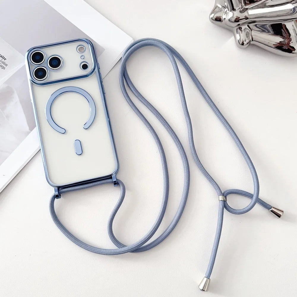 Luxury Necklace Cord Rope Lanyard Plating Magnetic Clear Phone Case For Iphone 17 16 14 11 12 13 15 Pro Max For Magsafe Cover