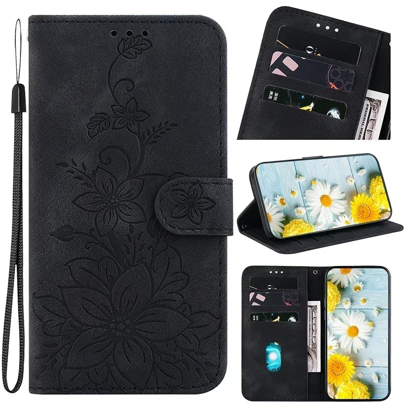 Magnetic Leather Phone Case For Google Pixel 10A 5 6A 8 9A 7 7A Pro Pixel 9 10 Pro XL Embossed Lilies Flip Cover Wallet Case