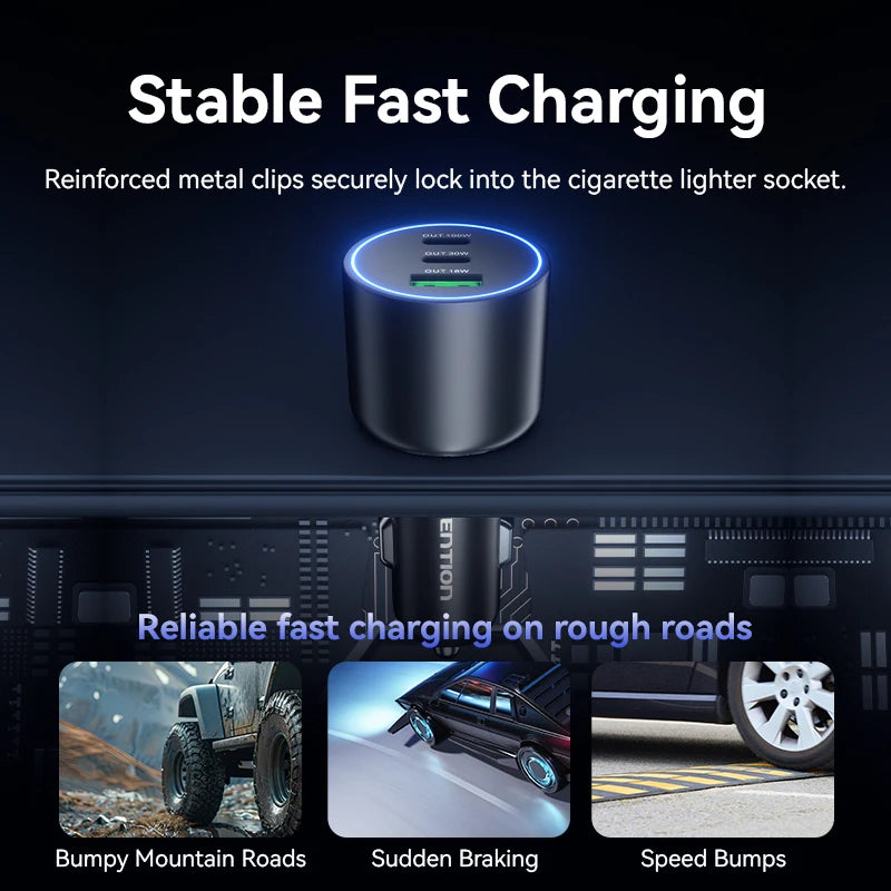 Vention 130W Car Charger USB Type C QC 4.0 PPS PD 30W Fast Charging USB C Car Phone Charger for iPhone 16 15 Pro Samsung Macbook