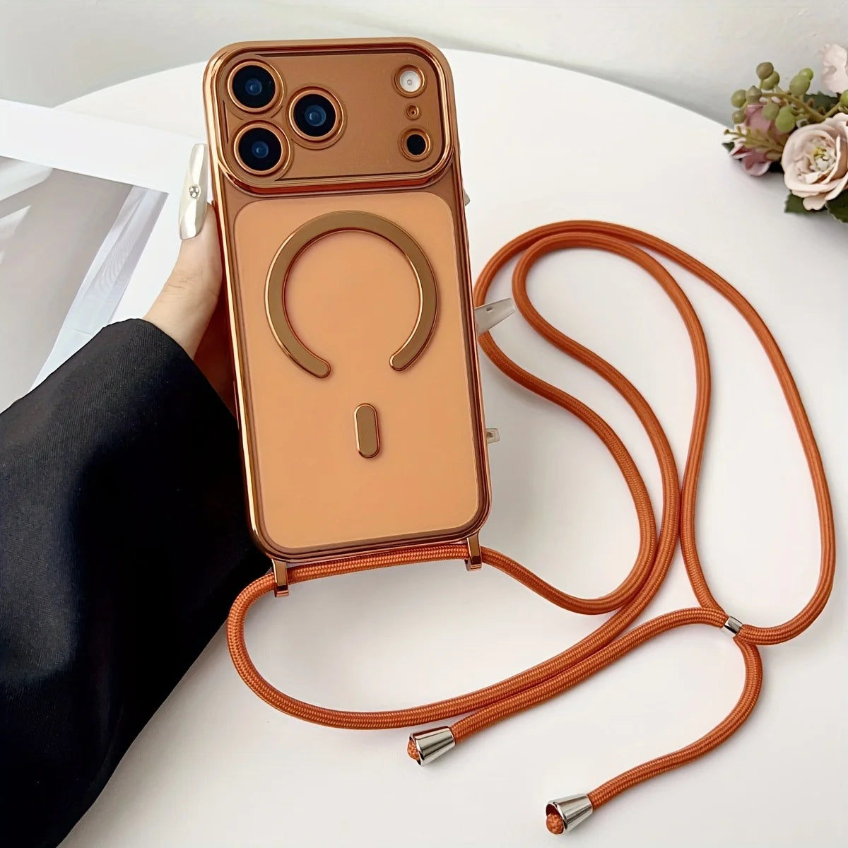 Luxury Necklace Cord Rope Lanyard Plating Magnetic Clear Phone Case For iPhone 17 16 14 12 13 15 Pro Max Air For Magsafe Cover