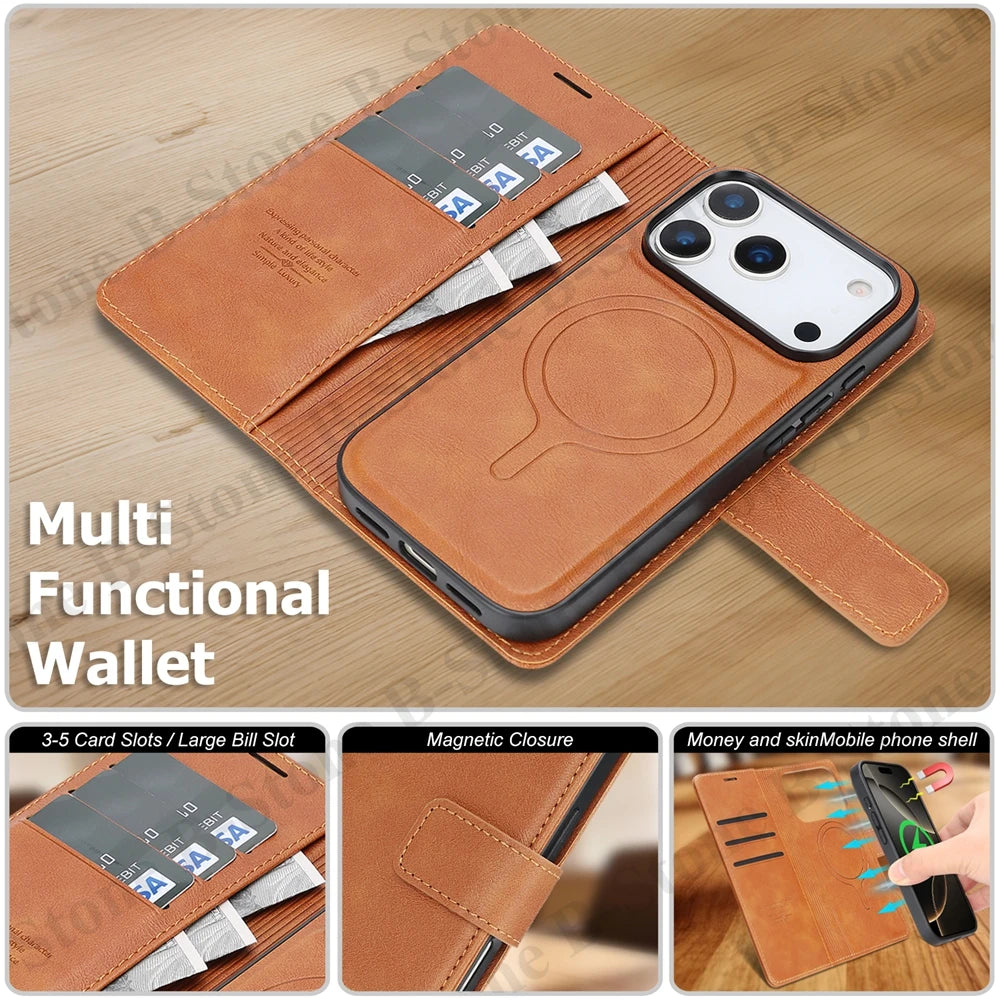 2 In 1 Leather Flip Case for Iphone 18 17 Promax 16 Pro Max 15 Plus 14 13 12 17E 16E Magnetic Cash Card Holder Wallet Phone Case