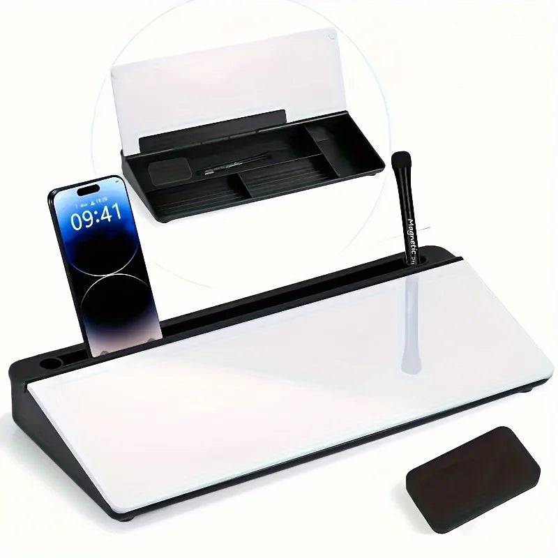 Sleek Compact Glass Desk Whiteboard with Built-in Storage, Modern Tempered Glass Desktop Organizer & Keyboard Holder, Efficient