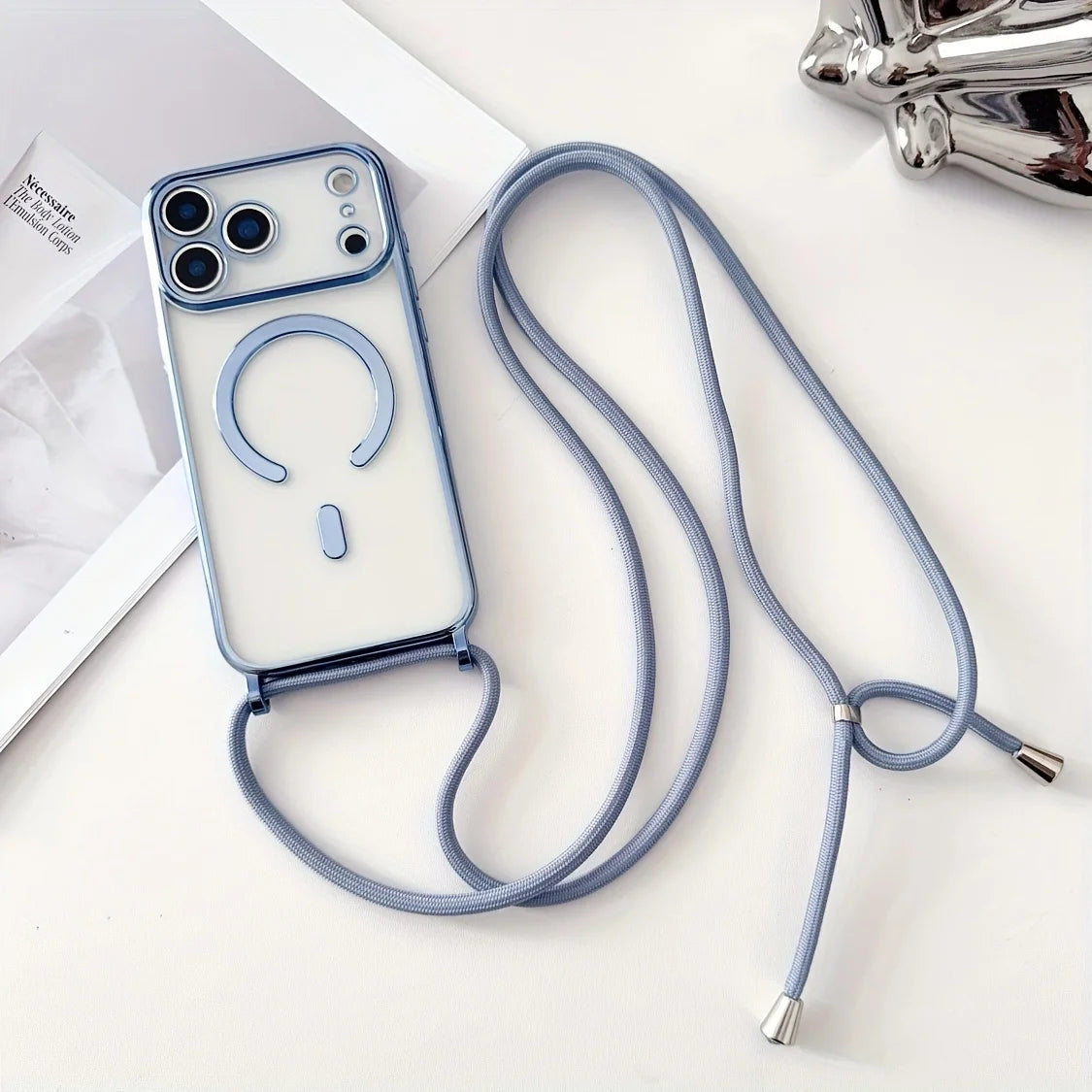 Luxury Necklace Cord Rope Lanyard Plating Magnetic Clear Phone Case For iPhone 17 16 14 12 13 15 Pro Max Air For Magsafe Cover