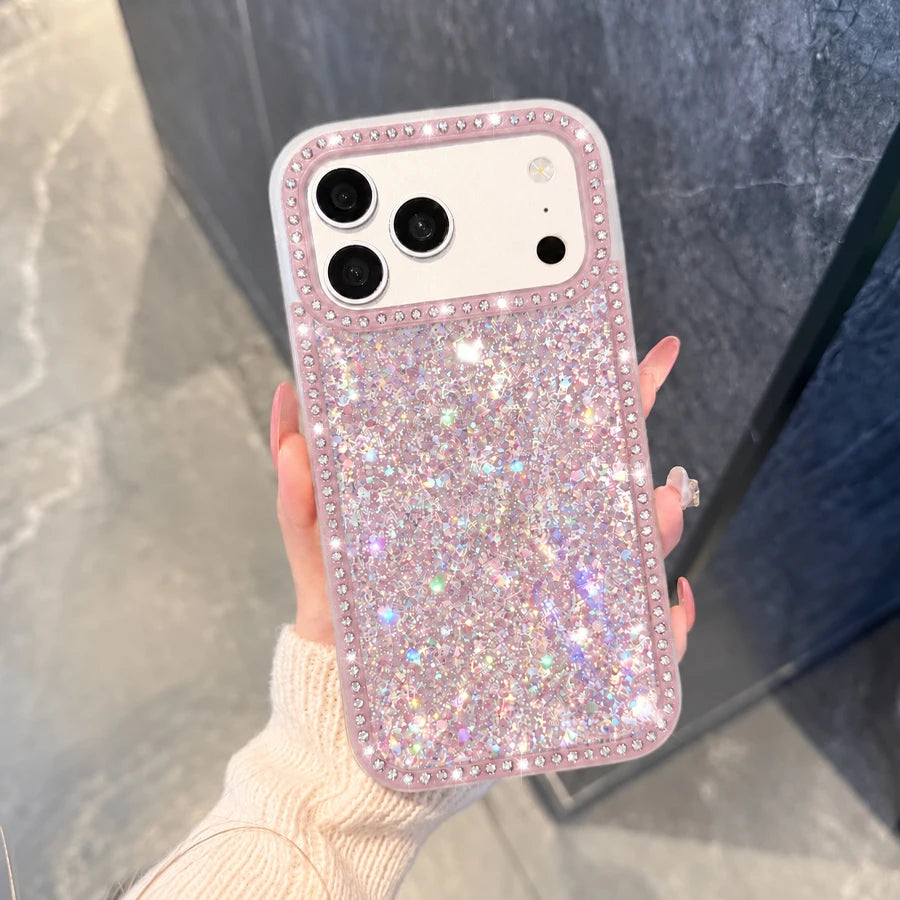 Luxury Sparkling Rhinestone Phone Case, Compatible with iPhone Air/17 Pro Max/16 Pro/15/14/13/12/11, Glitter Acrylic Back Cover, Solid Color Soft-Touch Frame, Large Camera Cutout Protective Case
