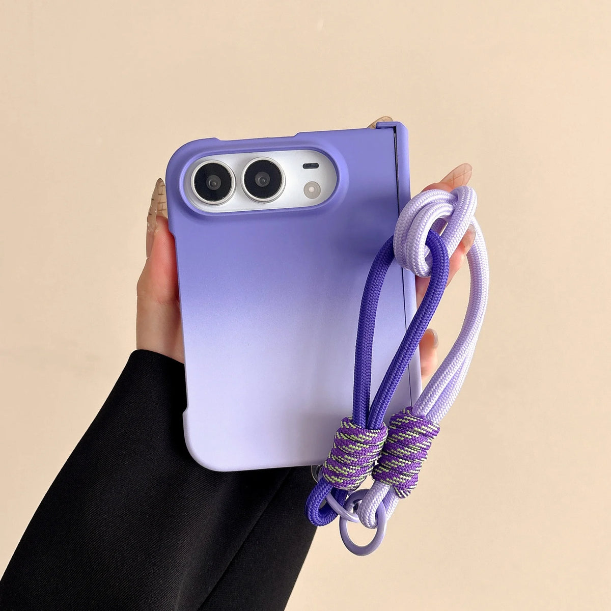 For iPhone Duo 2026 Luxury Gradient Color Hinge Protection Phone Case for iPhone DUO 18 Ultra 18Fold Wrist Strap Lanyard Cover